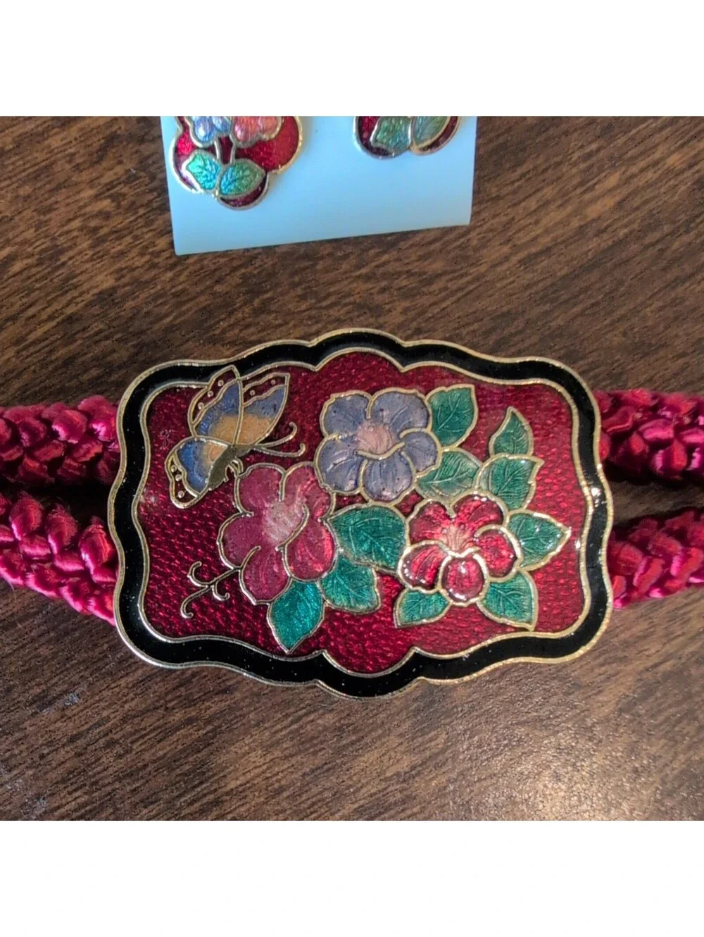 Vtg RED GENUINE CLOISONNÉ Floral ENAMEL BELT BUCKLE Cord Stretch Rope earrings